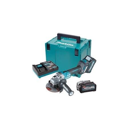 Una smerigliatrice a batteria Makita con due batterie e un caricabatterie.