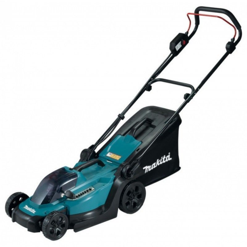 Un tosaerba Makita blu e nero su uno sfondo bianco