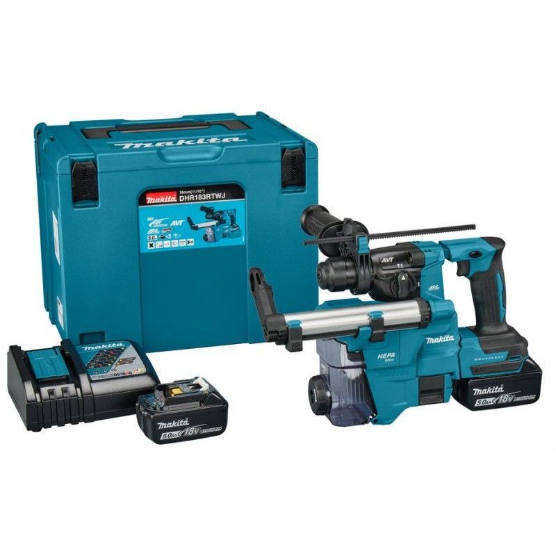 Un trapano a percussione Makita con due batterie e un caricabatterie in una valigetta.