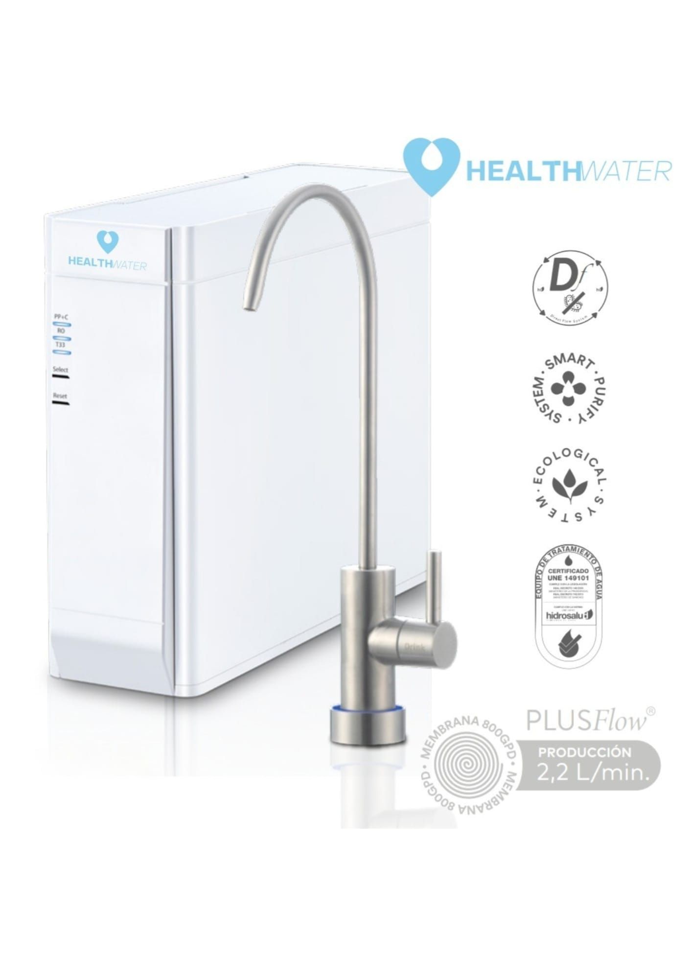 Purificador de agua blanco para debajo del fregadero con grifo curvo de acero inoxidable y logotipo azul de Health Water sobre fondo blanco.