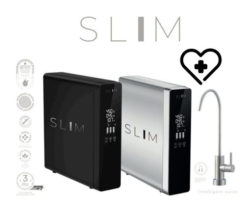 Purificador de agua SLIM mostrado en negro y plata con iconos de grifo y filtro.
