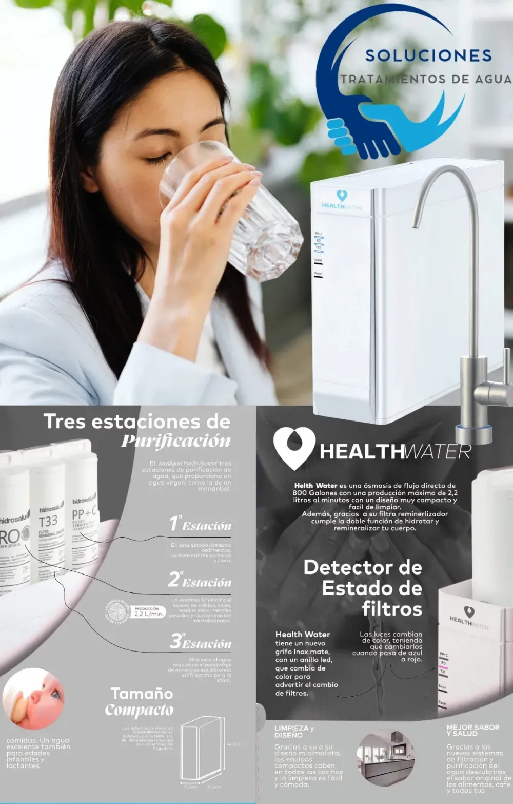 Mujer bebiendo agua junto a un dispensador de filtro blanco, con texto en español sobre la purificación del agua y la salud.