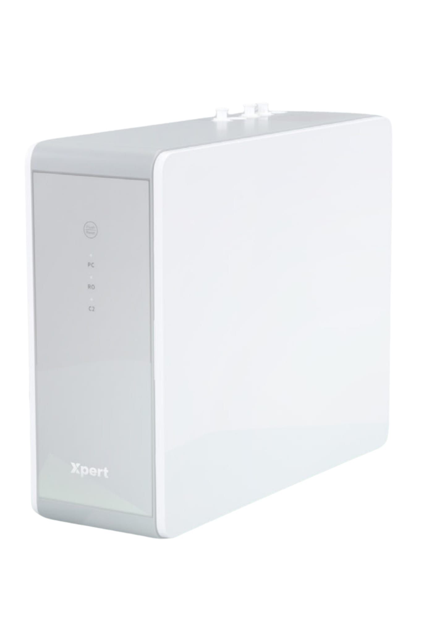 Filtro de agua rectangular blanco con luces indicadoras.