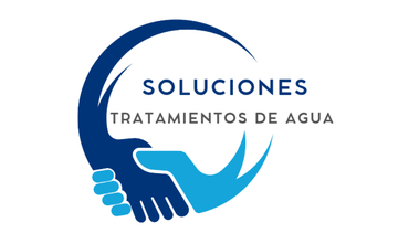 Logo of a handshake in blue, with text "Soluciones Tratamientos de Agua" in white.