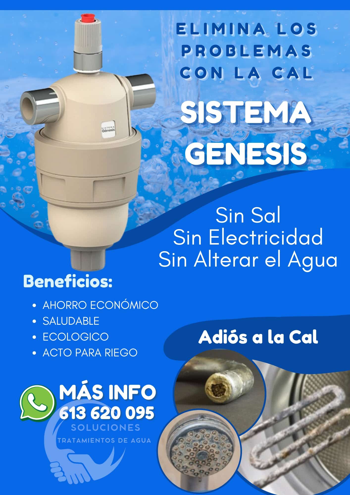 Filtro antical “Sistema Génesis” sobre fondo azul, con texto promocional y teléfono de contacto.