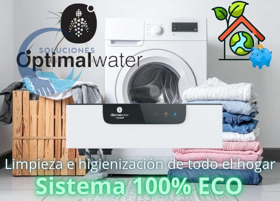 Servicio de limpieza ecológica para el hogar, con lavadora, canasta de ropa y logo de agua verde.