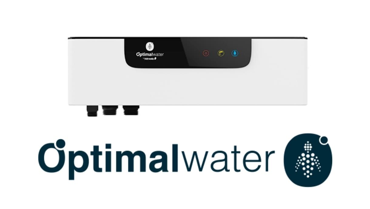 Logotipo de Optimalwater con un dispositivo de filtración de agua blanco y texto azul oscuro sobre un fondo blanco.