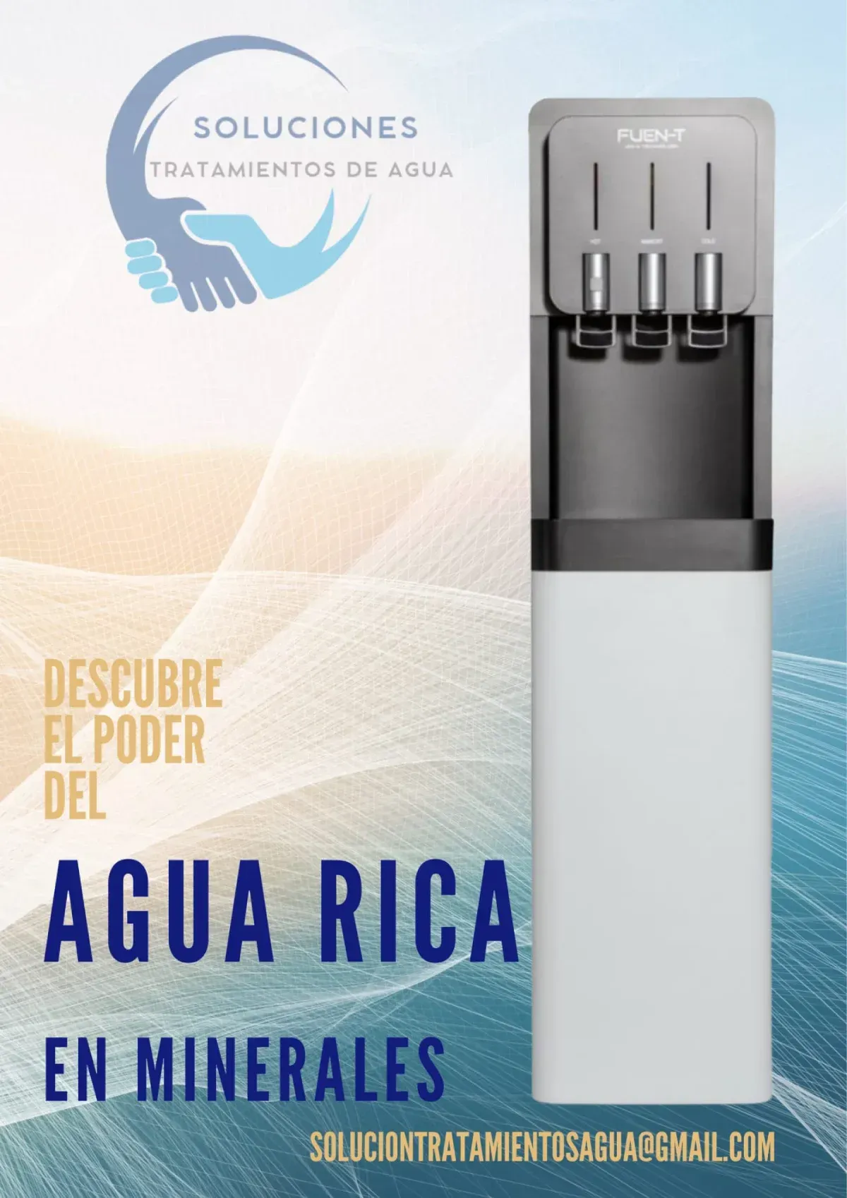 Dispensador de agua con texto promocional “Agua rica en minerales” y logo de Soluciones Tratamientos de Agua.