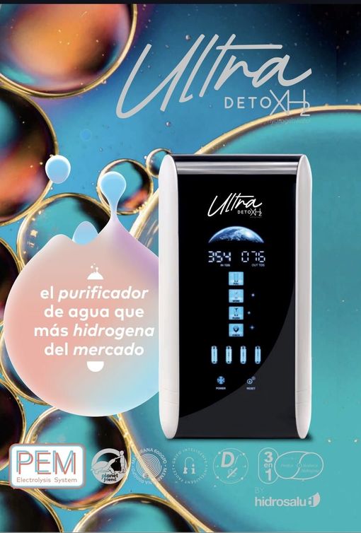 Promoción de purificador de agua Ultra Detox, con fondo turquesa y texto publicitario en español