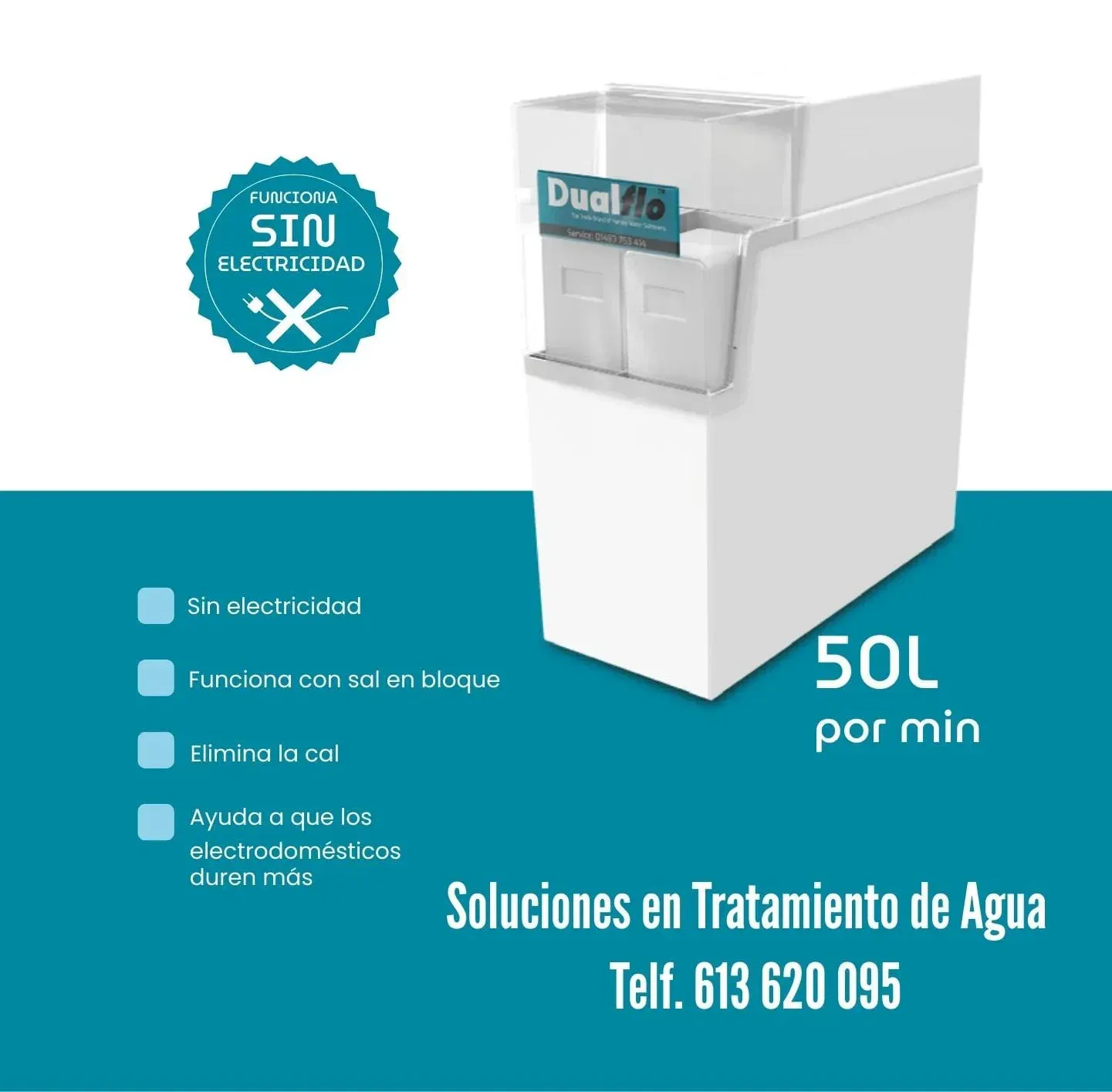 Anuncio de descalcificador de agua blanco y gris, con sello “Sin electricidad” y texto “50L por min”.