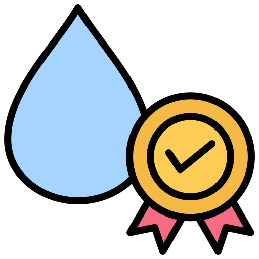 Gota de agua azul con una cinta de premio dorada y un icono de marca de verificación.