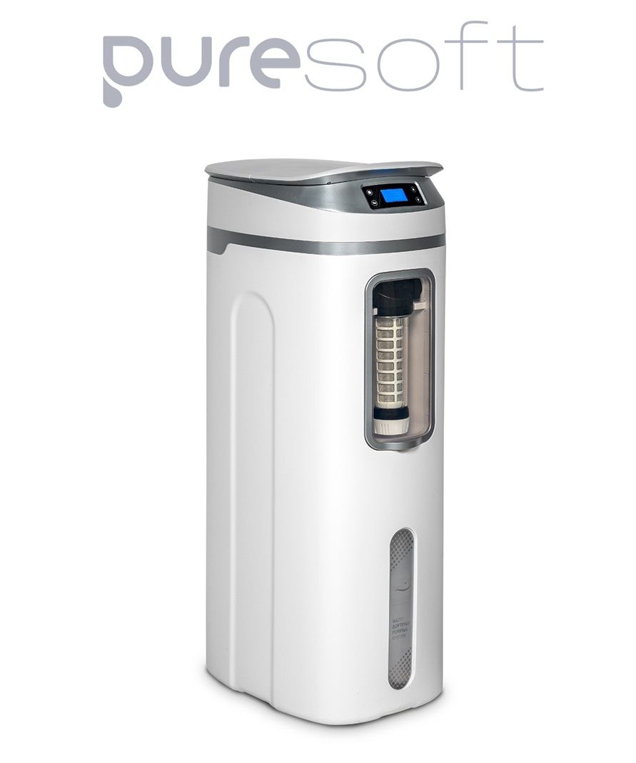Dispensador de agua Puresoft blanco con pantalla azul y portavasos.