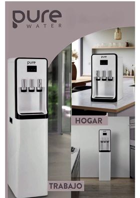 Anuncio promocional de un dispensador de agua Pure Water blanco, mostrado en un entorno doméstico y laboral.