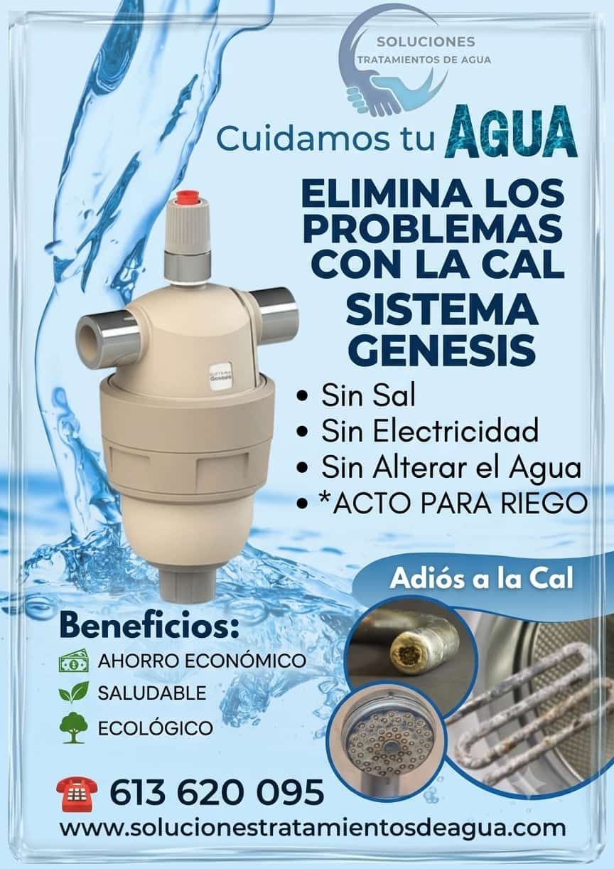 Anuncio azul y blanco de sistema anti-cal para agua, con equipo filtrador y texto promocional.