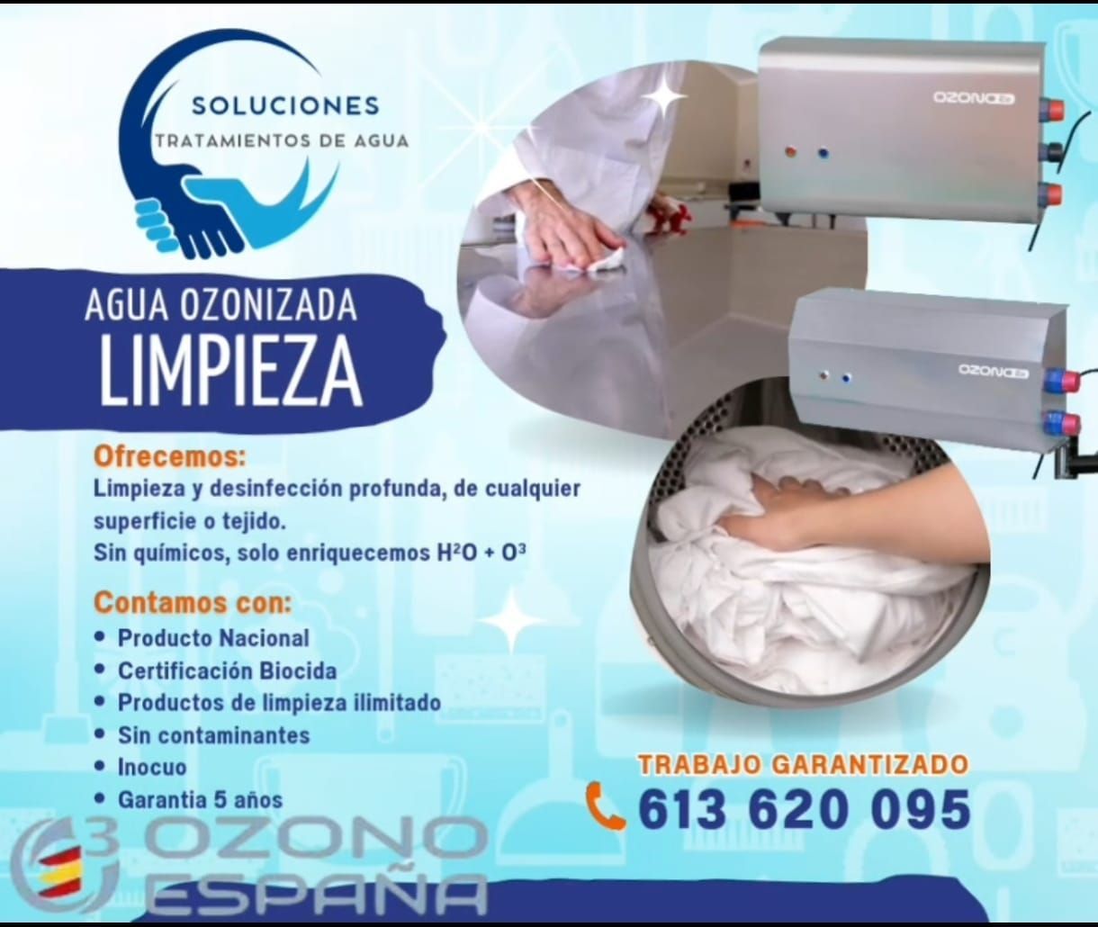 Anuncio azul de limpieza con agua ozonizada, colchón, sábanas y teléfono de contacto.