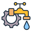 Grifo de agua con icono de engranaje y gota azul, que sugiere ajustes de plomería o sistema de agua.