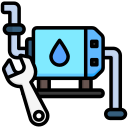 Icono azul de bomba de agua con una llave inglesa, que sugiere un servicio de fontanería o mantenimiento.