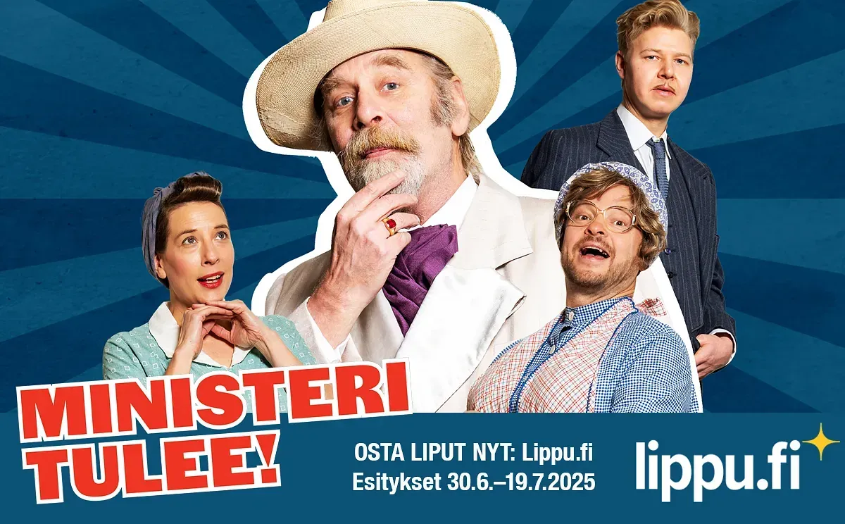 Ministeri tulee! -näytelmän mainoskuva