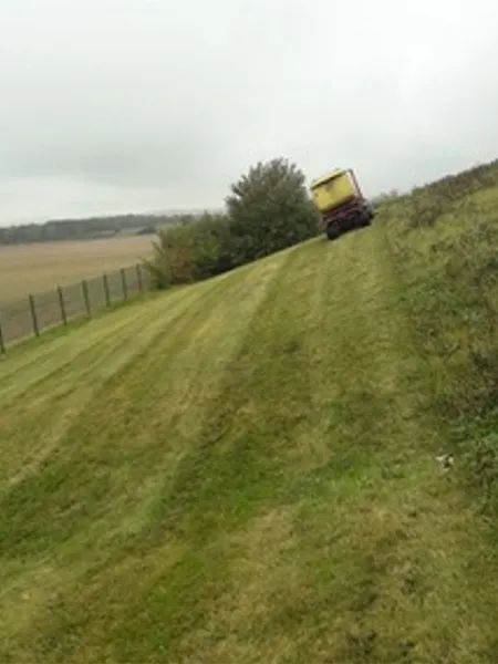 Ein gelber Lastwagen fährt einen grasbewachsenen Hügel hinunter.