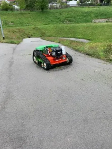 Ein Spielzeugauto fährt eine Straße neben einer Wiese entlang.