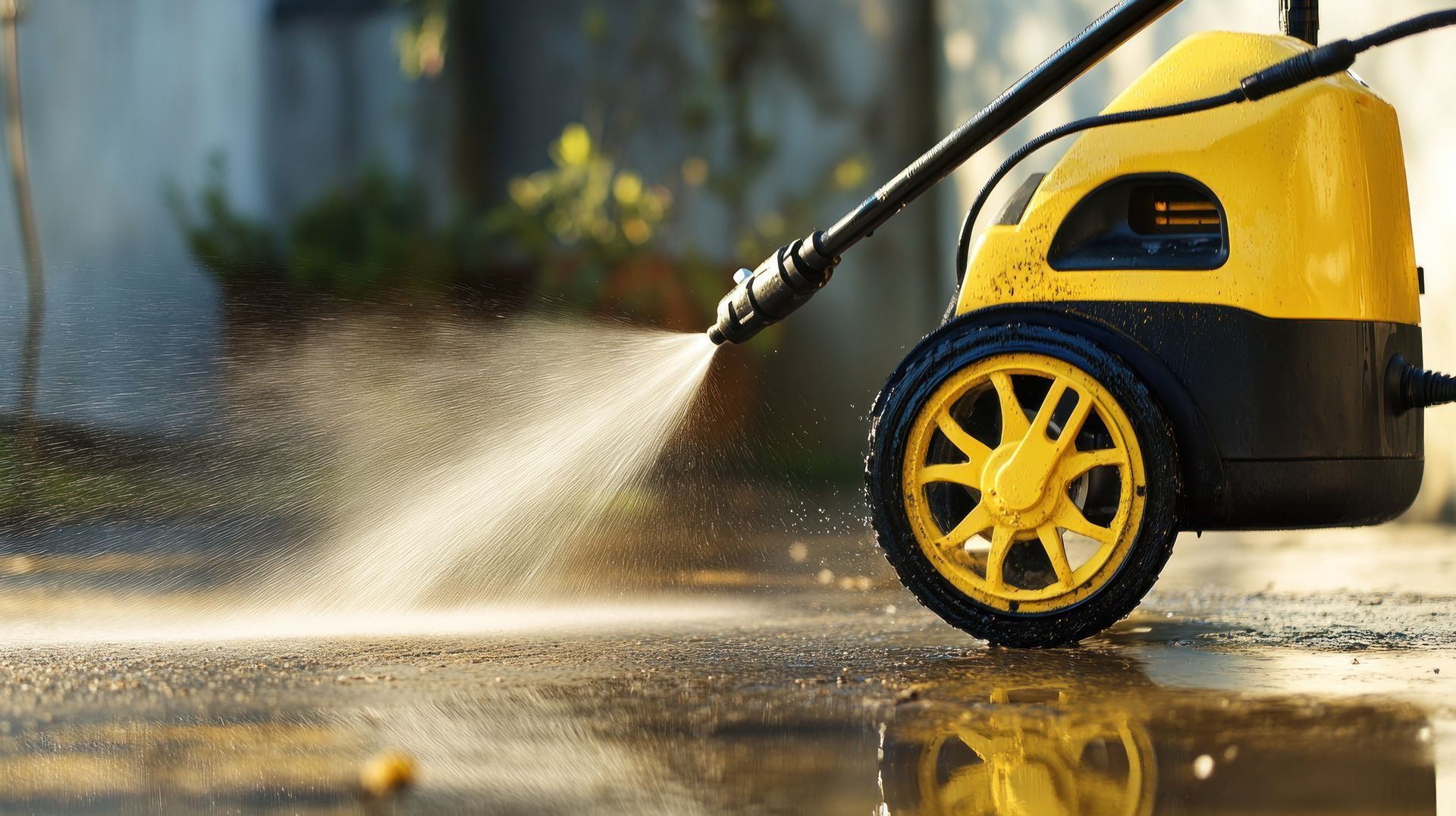 Une machine en train de nettoyer une terrasse au jet d'eau