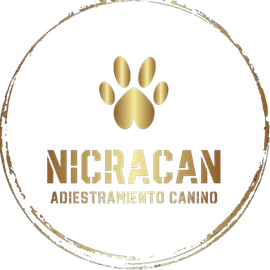 Logotipo con huella de pata dorada y texto "NICRACAN ADIESTRAMIENTO CANINO" en un c&iacute;rculo dorado.