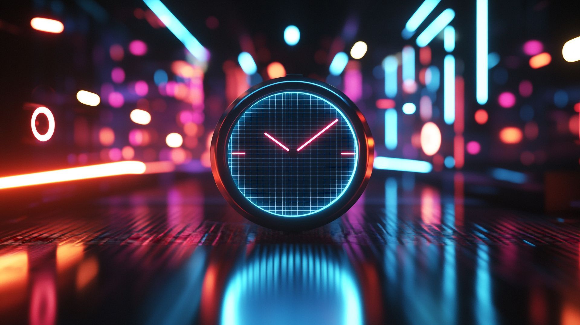 Esfera de reloj de neón en un túnel futurista y colorido.