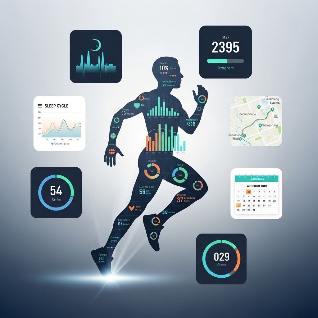 Una silueta de un hombre corriendo con un montón de iconos a su alrededor.