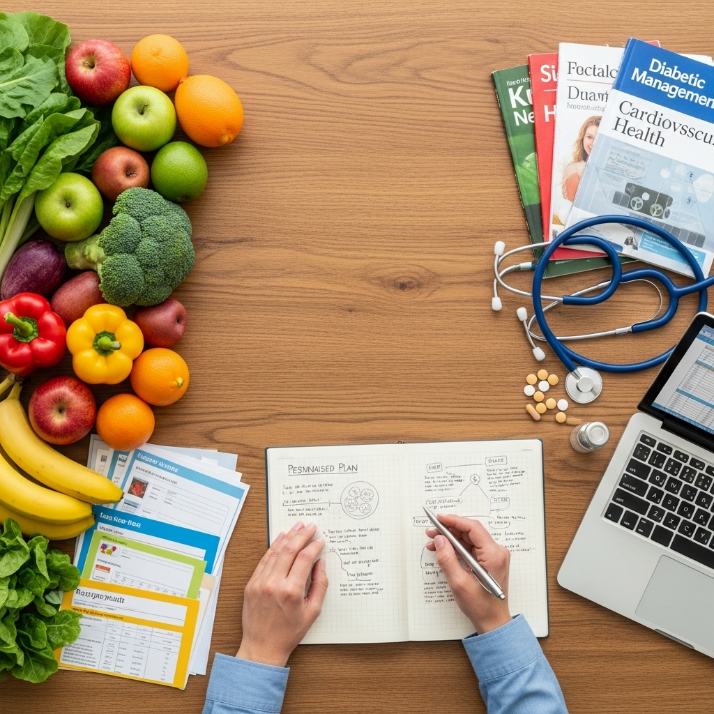 Persona escribiendo en un cuaderno rodeada de frutas, verduras, suministros médicos.