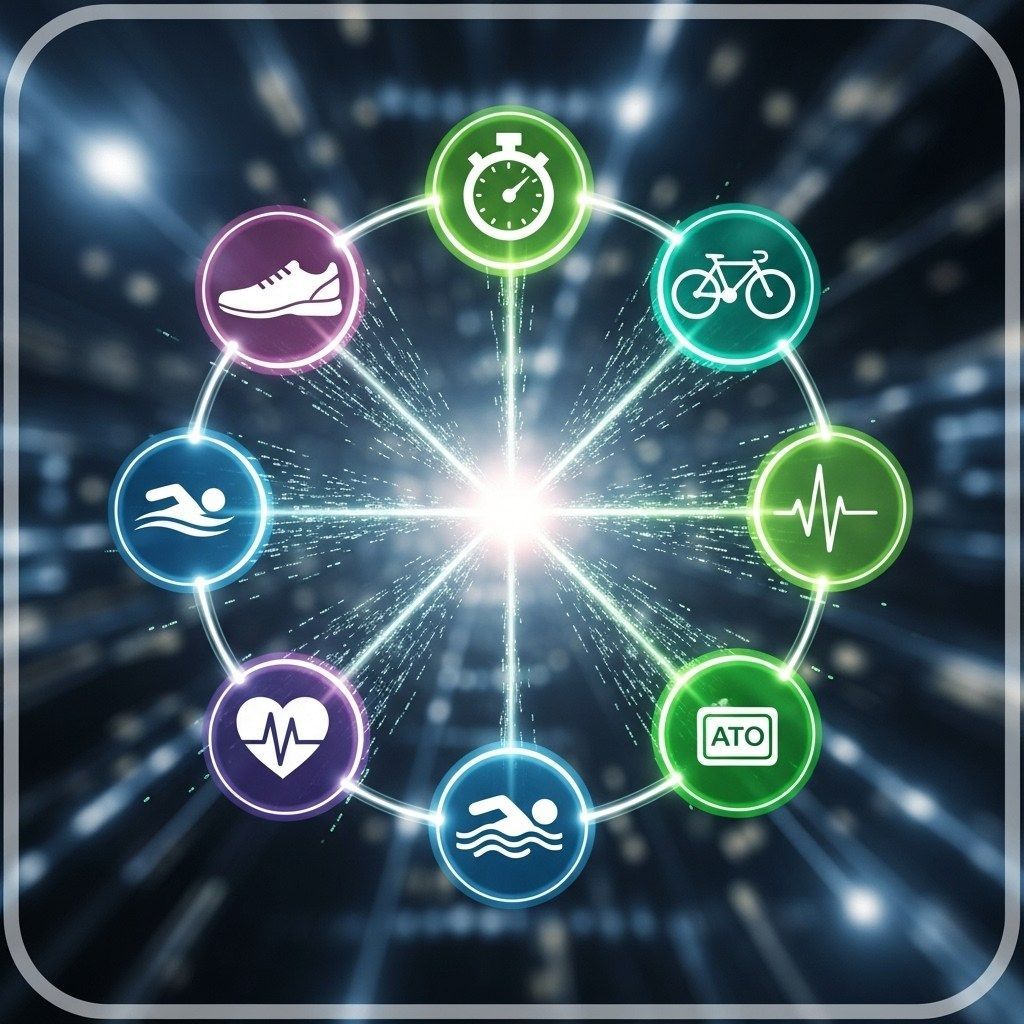 Íconos de fitness circulares conectados por líneas que irradian desde una fuente de luz central.