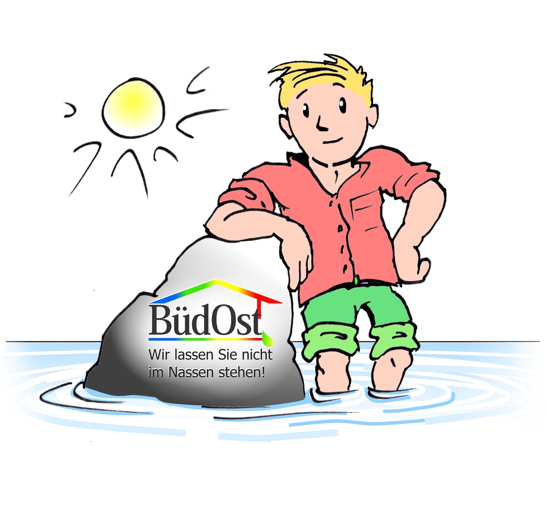 Ein Comic-Mann sitzt im Wasser neben einem grauen Behälter mit der Aufschrift „BüdOst“, die Sonne steht über ihm.