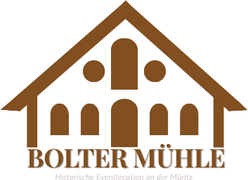 Braunes, hausförmiges Logo mit Fenstern und dem Text „BOLTER MÜHLE“ darunter