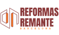 Logotipo de Reformas Remante Barcelona en granate y naranja con icono geométrico de edificio.