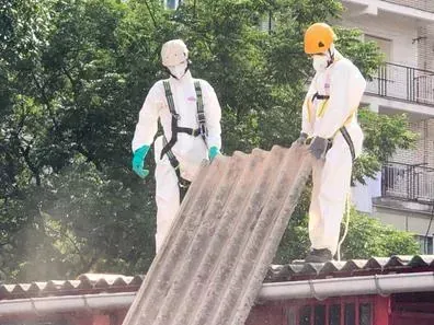 Dos trabajadores con trajes de protección retiran un panel de techo corrugado al aire libre.