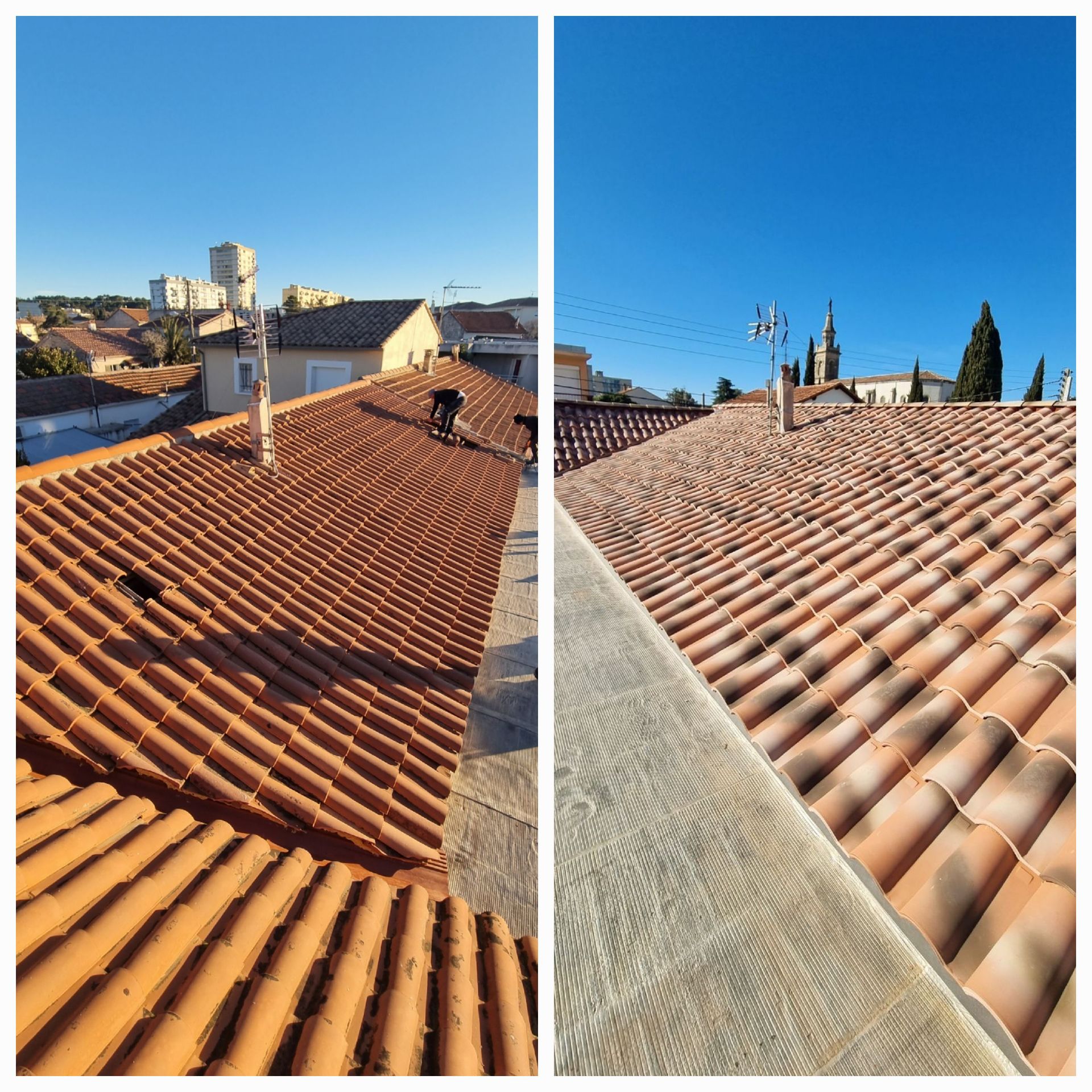 Une toiture avant et après les travaux de nettoyage