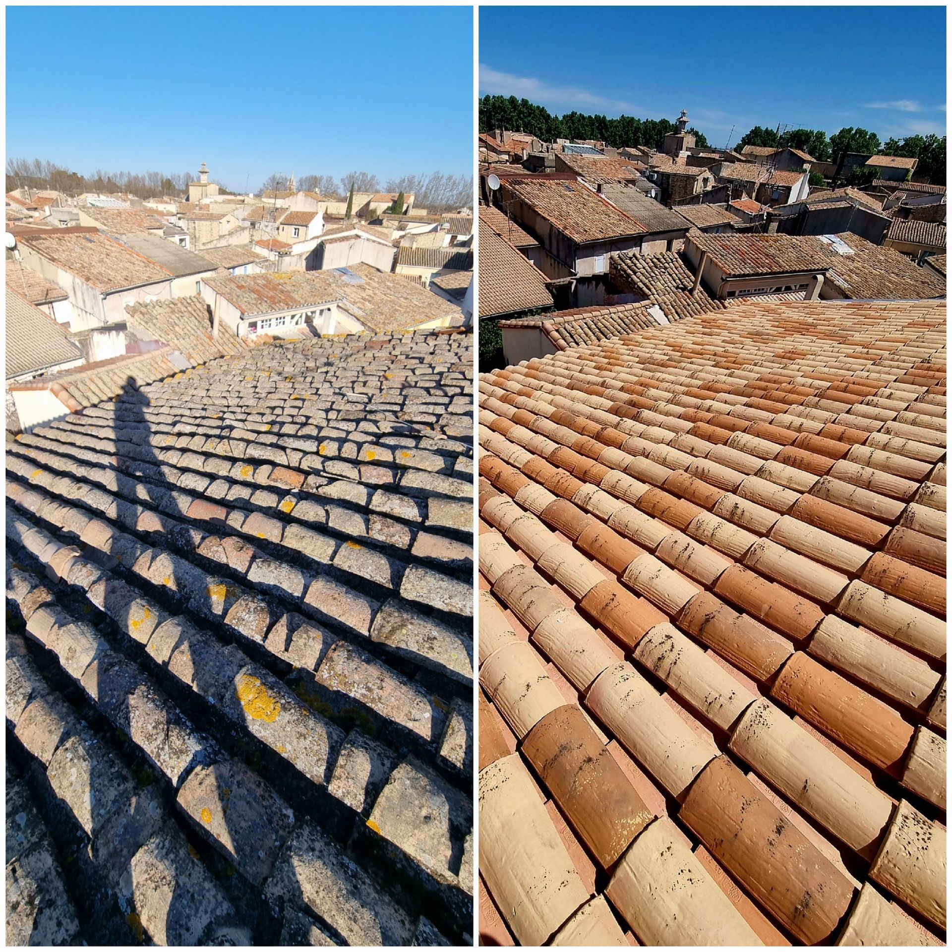 Une toiture avant et après les travaux de démoussage