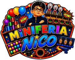 Logotipo colorido estilo carnaval con la inscripci&oacute;n &ldquo;Miniferia Nico&rdquo;, y la imagen de un ni&ntilde;o, globos, fuegos artificiales y puestos de juegos.