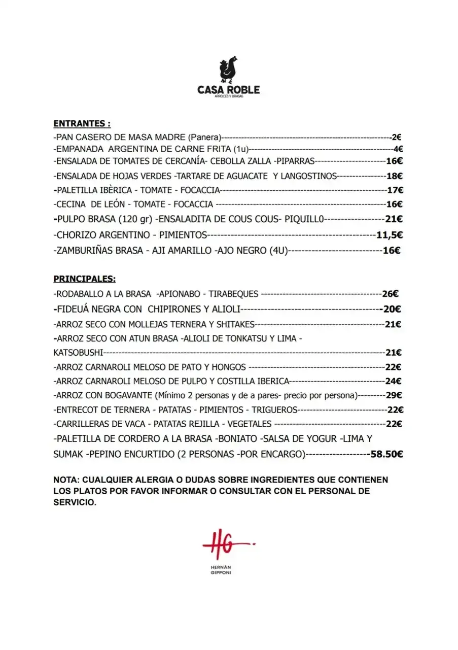 Menú del restaurante Casa Román. Texto con lista de platos, precios y logotipo.