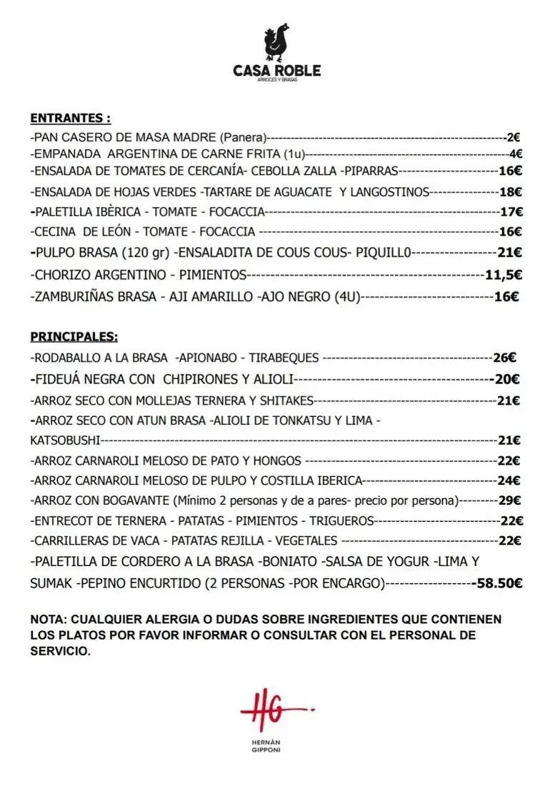 Menú del restaurante Casa Román. Texto con lista de platos, precios y logotipo.