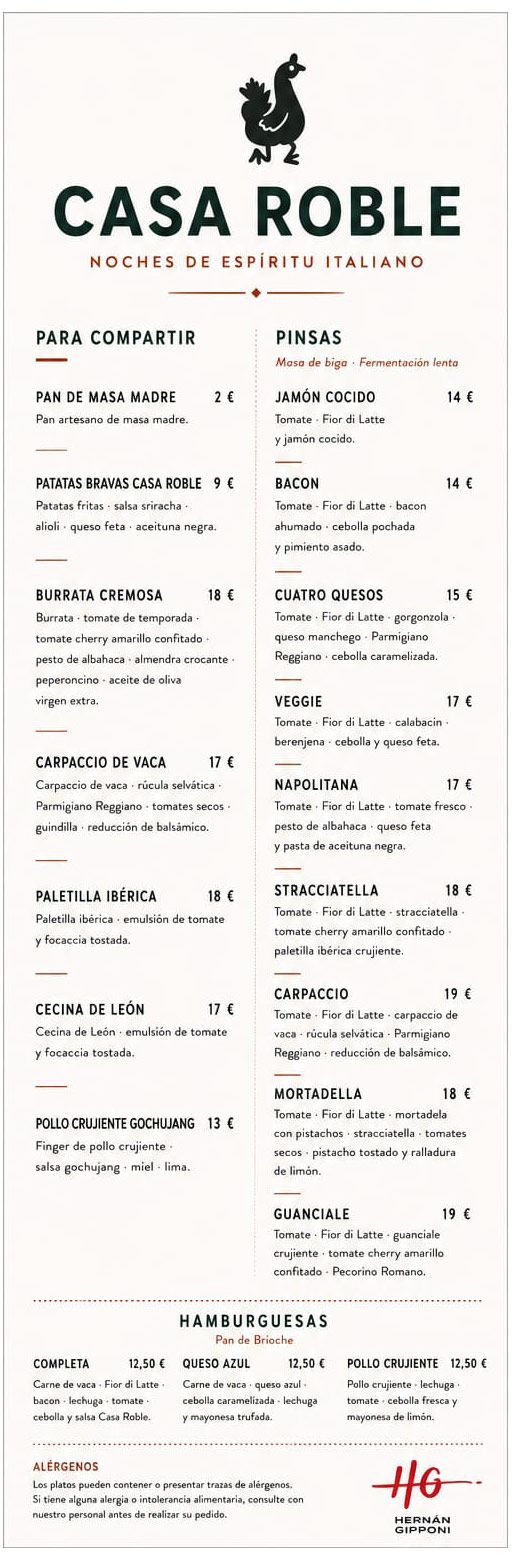 Menú del restaurante Casa Roble sobre fondo blanco con texto negro y un pequeño logotipo en la parte superior.