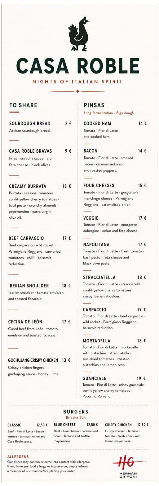 Menú del restaurante Casa Roble en una página blanca con texto negro y pequeños detalles en rojo.