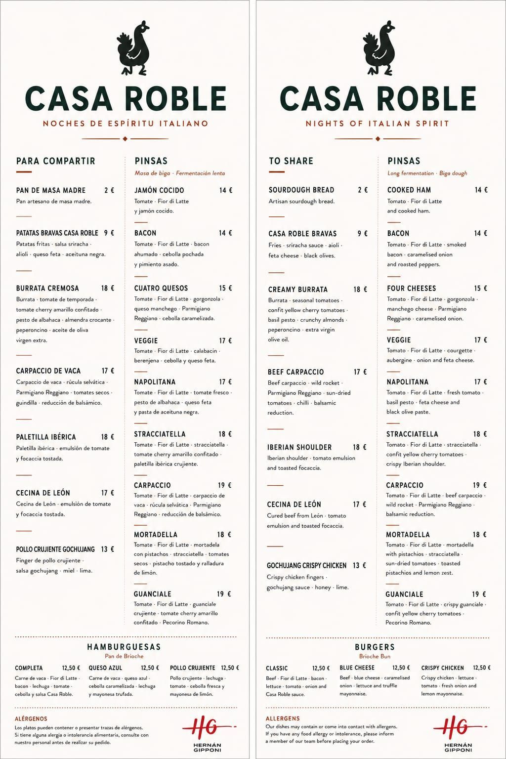 Menú del restaurante Casa Román. Texto con lista de platos, precios y logotipo.