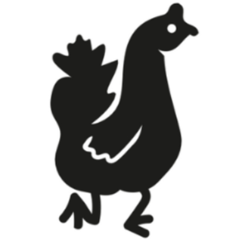 Silueta de pollo negro sobre fondo naranja.