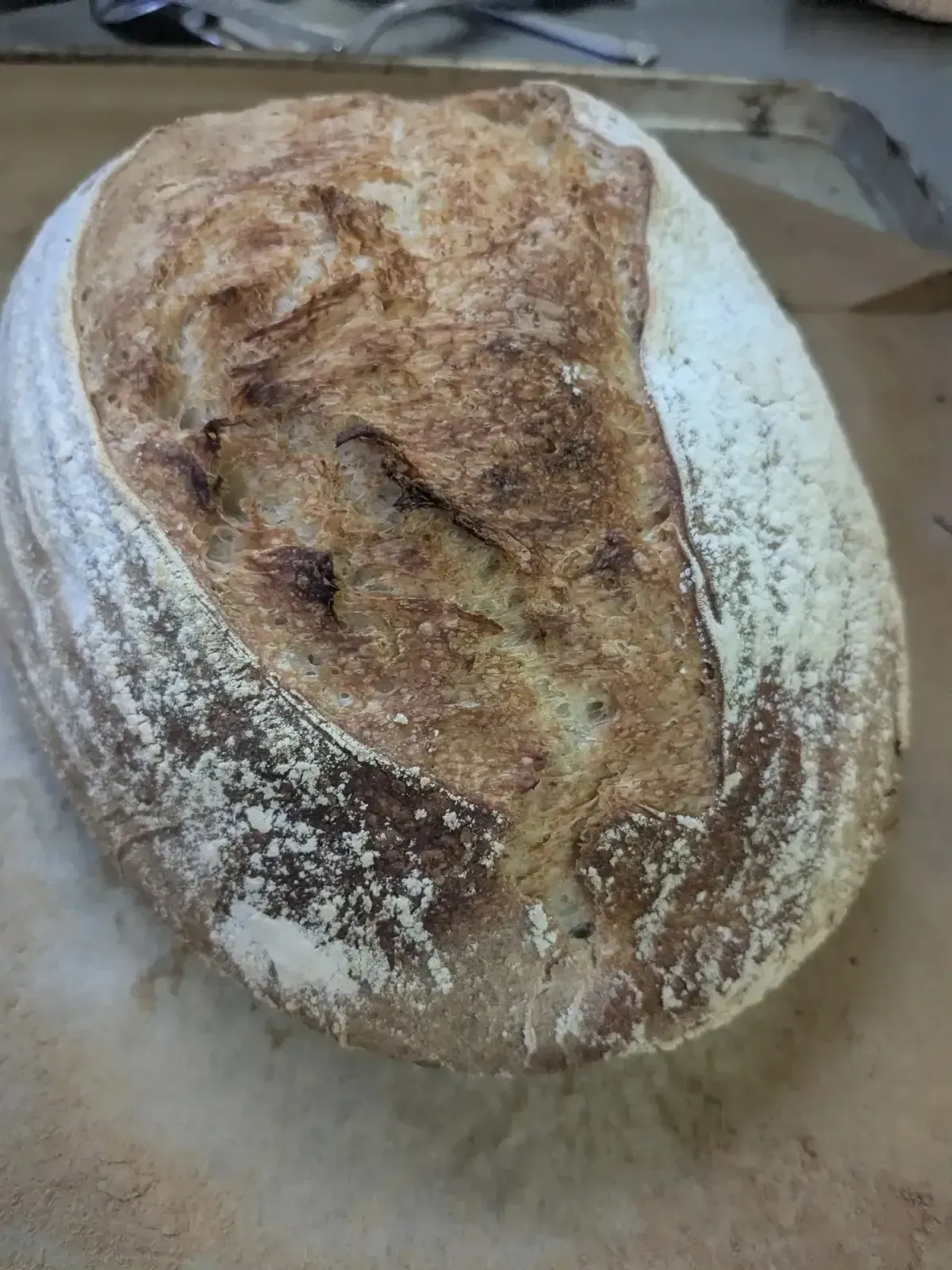 Pan crujiente, ovalado, con corteza oscura y agrietada, sobre papel pergamino.