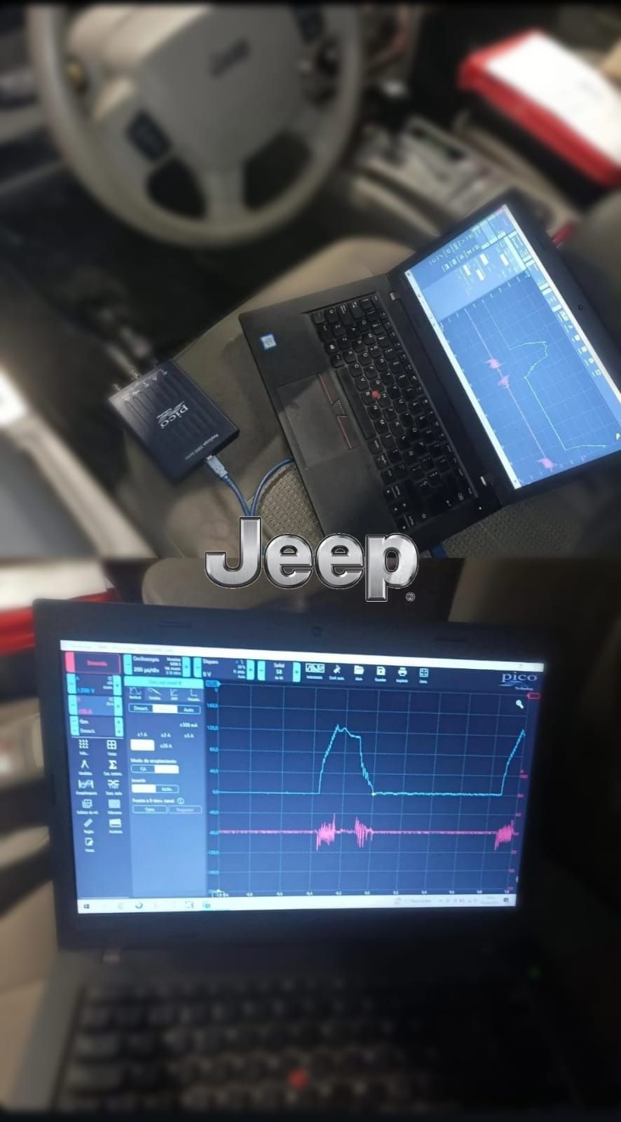 El logo de un jeep está en el costado de una computadora portátil.