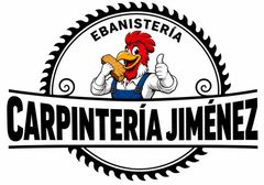 Logo de Carpinter&iacute;a Jim&eacute;nez con un gallo rojo en un engranaje y texto negro sobre fondo blanco