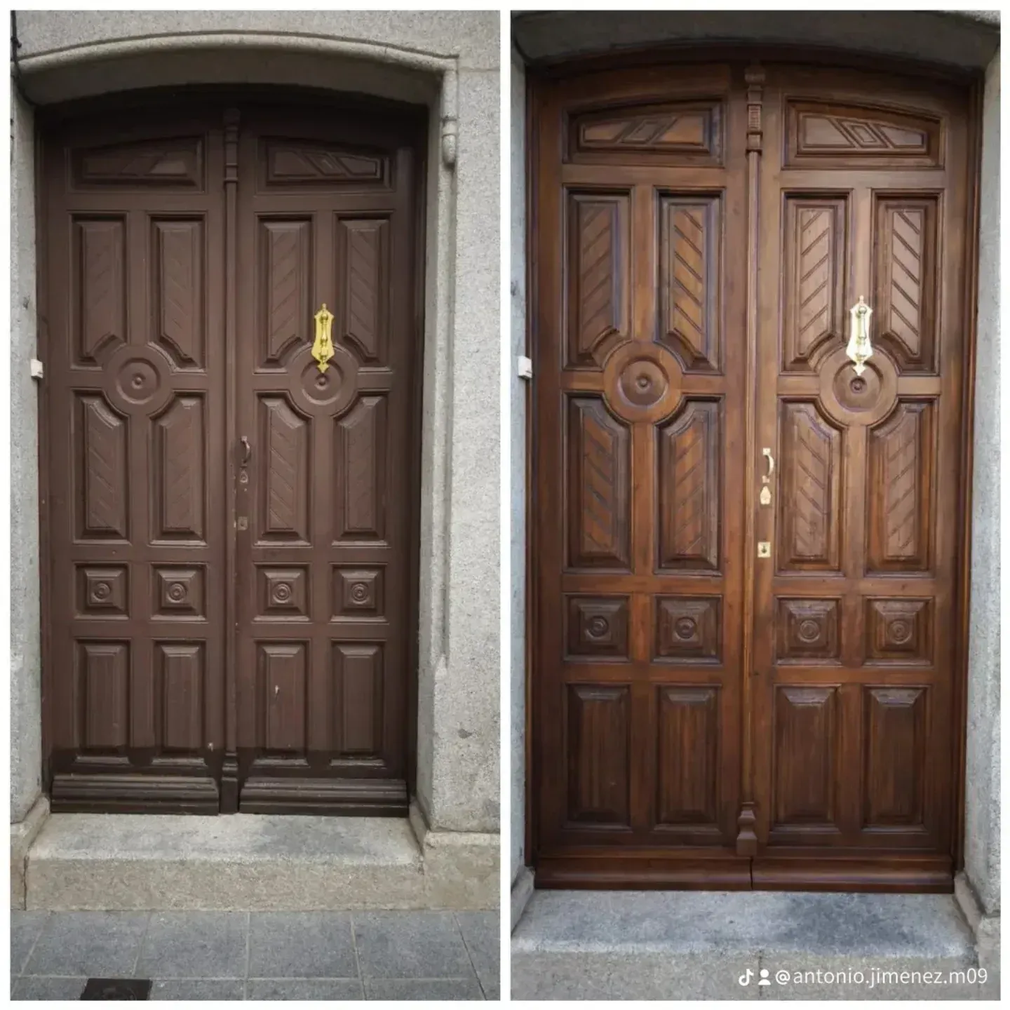 Dos puertas dobles de madera marrón ornamentadas, mostradas una al lado de la otra para compararlas.