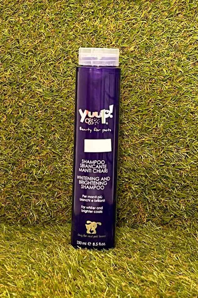 Botella morada de producto para el cabello sobre un fondo de césped verde.