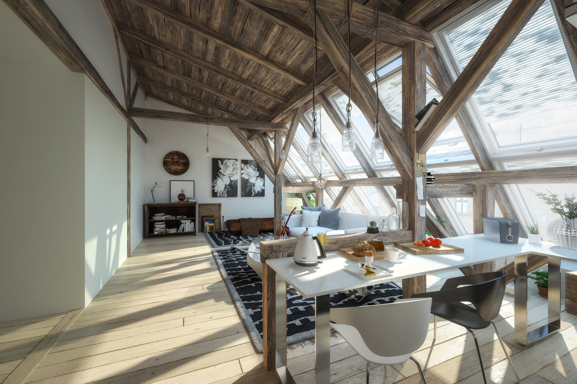 Combles aménagés avec poutres apparentes