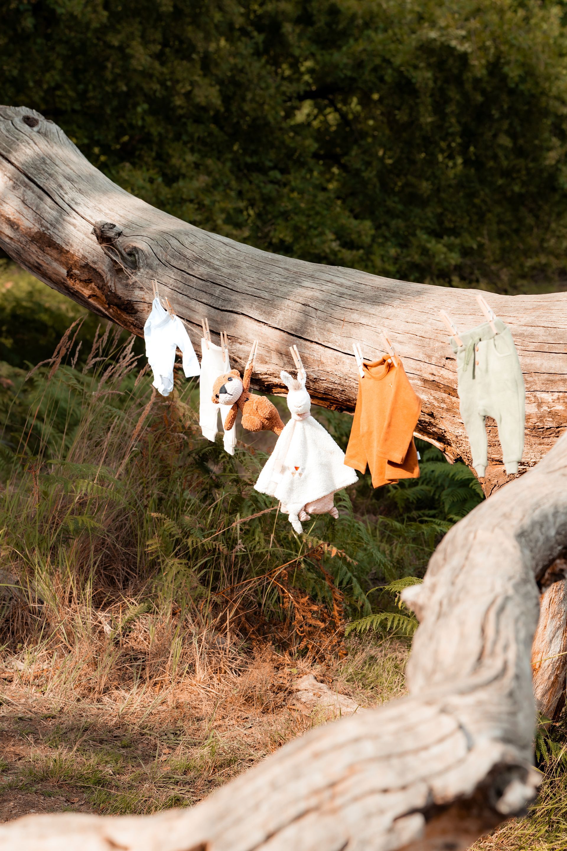 Babybauchshooting in der Wahner Heide – detailreiche Fotos von Babyoutfits und Kuscheltier in natürlicher Kulisse.
